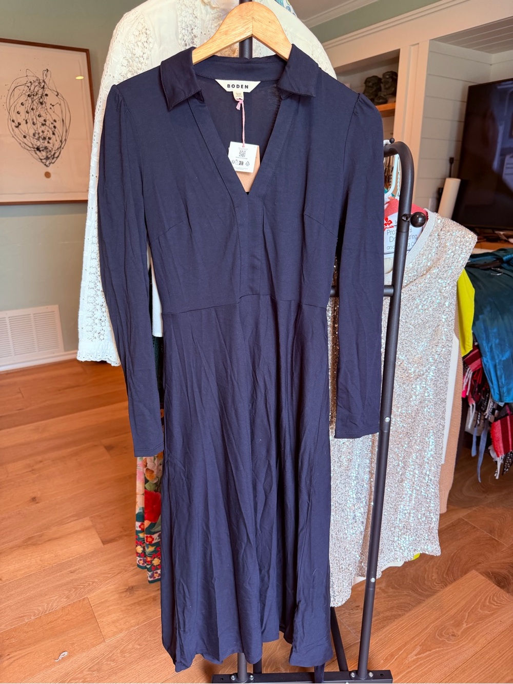 Boden Navy Long-Sleeve Collared V-Neck Midi Dress